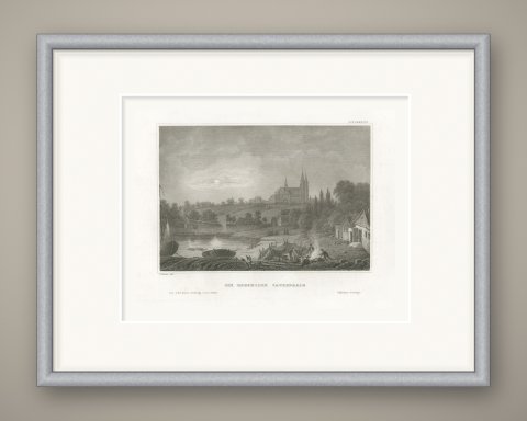 Roskilde Cathedral, Denmark, Antique Moonlit View with Fishermen, circa 1850, shown framed