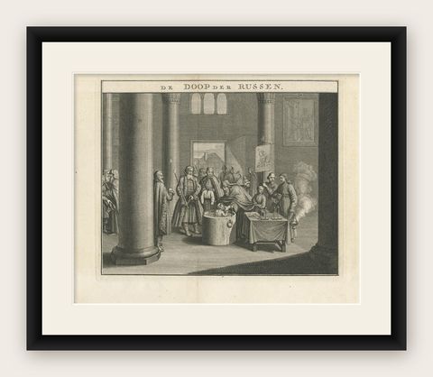 Mid-18th Century Engraving Depicting The Baptism of Russians, 1735, shown framed