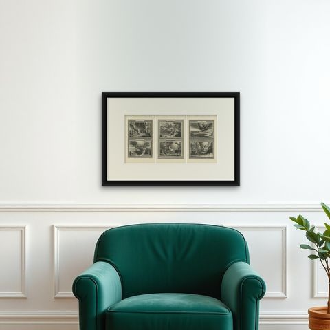 Antique Biblical Engravings, Mortier Amsterdam, Acts & Apocalypse, c.1700, shown framed on a wall, true to size