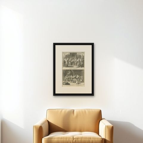 Marriage and Infant Rituals among the Mexicans, Engraving from 1734, shown framed on a wall, true to size