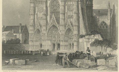 St. Gatien Cathedral, Tours, Antique Steel Engraving after T. Allom, circa 1845, close-up 2