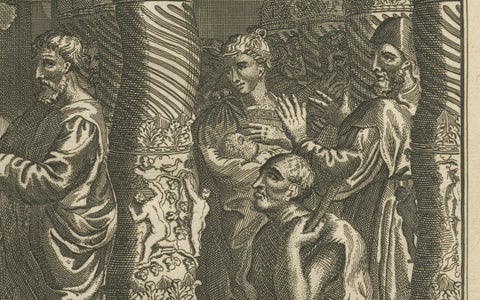 Peter & John Heal the Lame Man, Acts III Engraving c.1735, close-up 2
