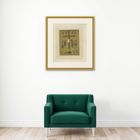 Bavarian Crucifixion Icon Chromolithograph, 19th Century, Signed, shown framed on a wall, true to size