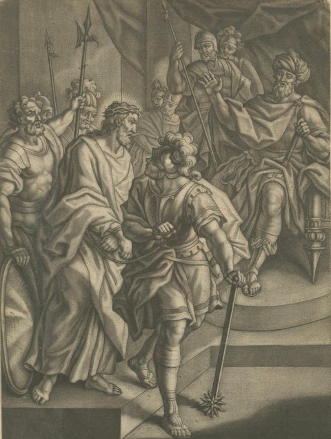 Statio I, Christ Condemned to Death, Antique Mezzotint, Late Baroque, close-up 1