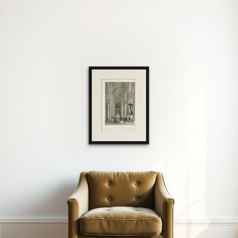 Antique Print of the Church of Saint-Germain-des-Prés by Benoist, 1863, shown framed on a wall, true to size