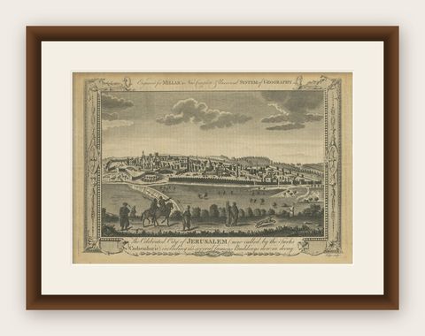 Antique View of Jerusalem Holy Land Engraving, Millar Geography, ca. 1760, shown framed