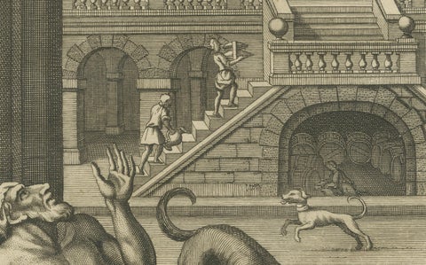 The Rich Glutton and Lazarus Engraving, Luke XVI Biblical Scene 1735, close-up 2