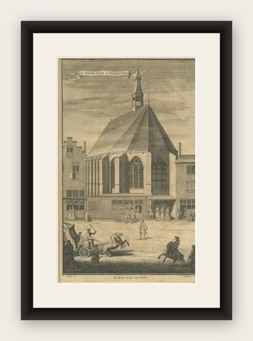 Antique Print of the English and German Church, the Hague, shown framed