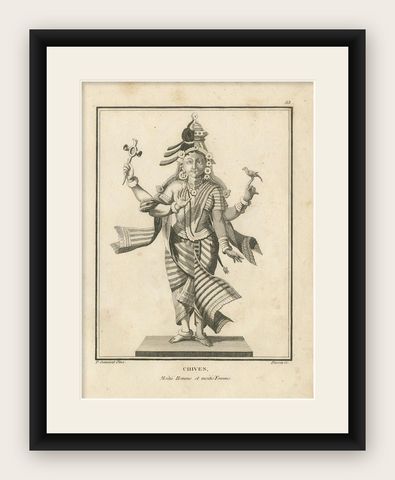 1806 Engraving: Chiven as Ardhanarishvara, Divine Union in Hindu Mythology, shown framed