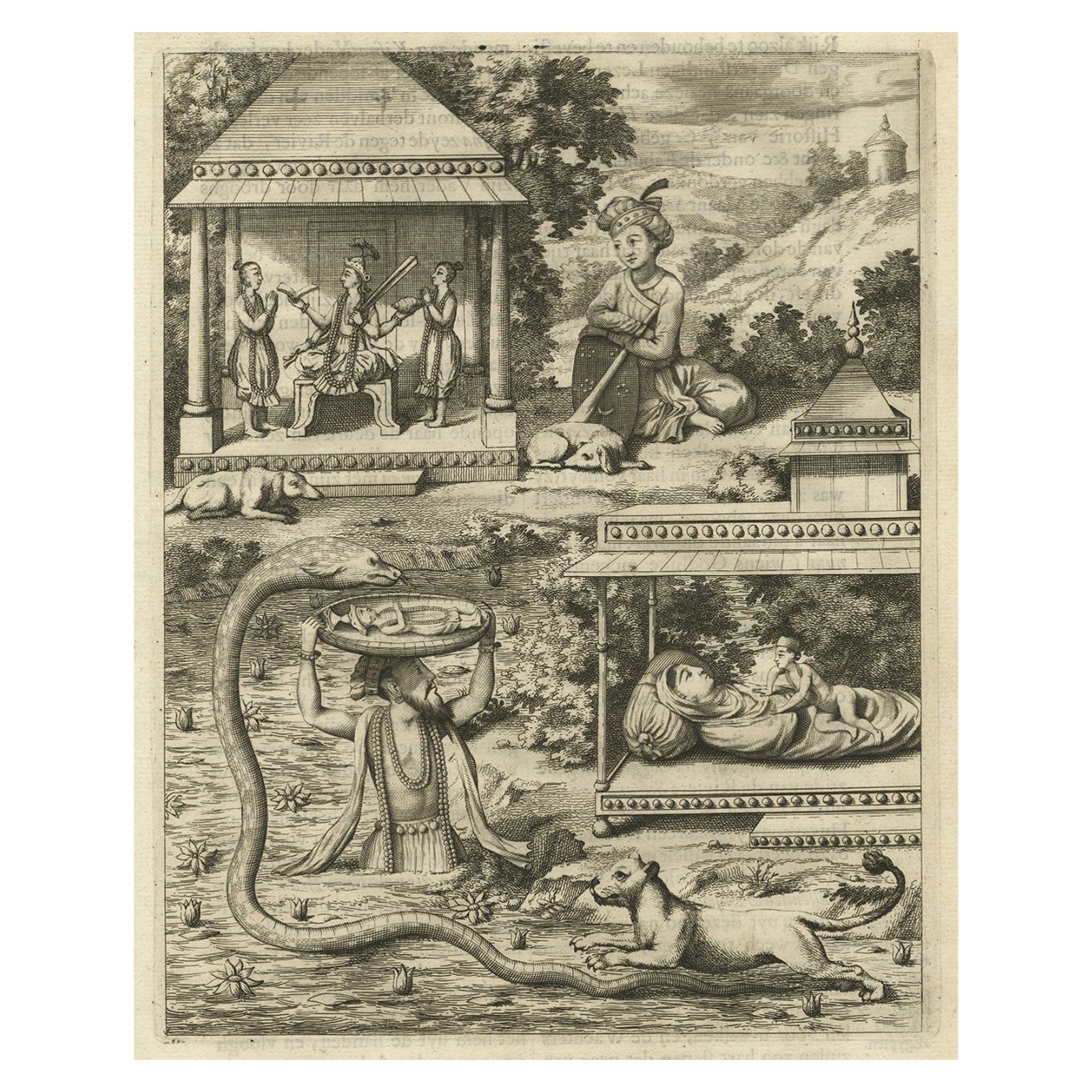 Antique Print of the Hindu God Vishnu Incarnated as Krishna, 1672
