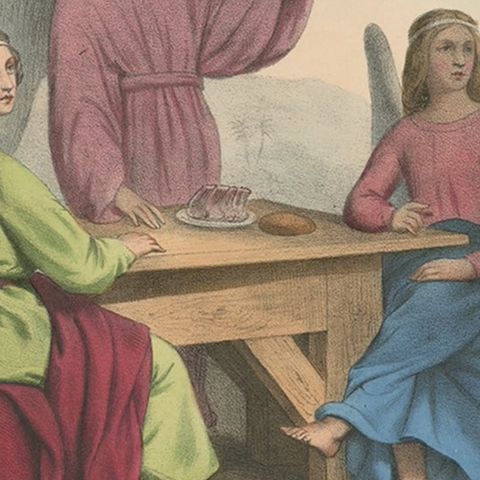 Old Print from the Old Testament the Vision of the Three Angels, ca.1840, close-up 3