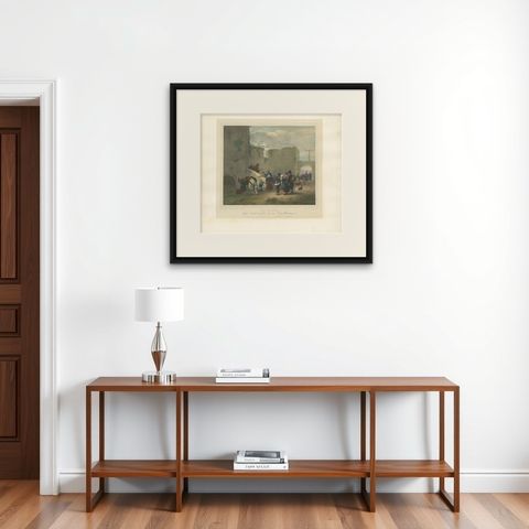 Antique Print of Travellers Halting at a Convent, circa 1840, shown framed on a wall, true to size