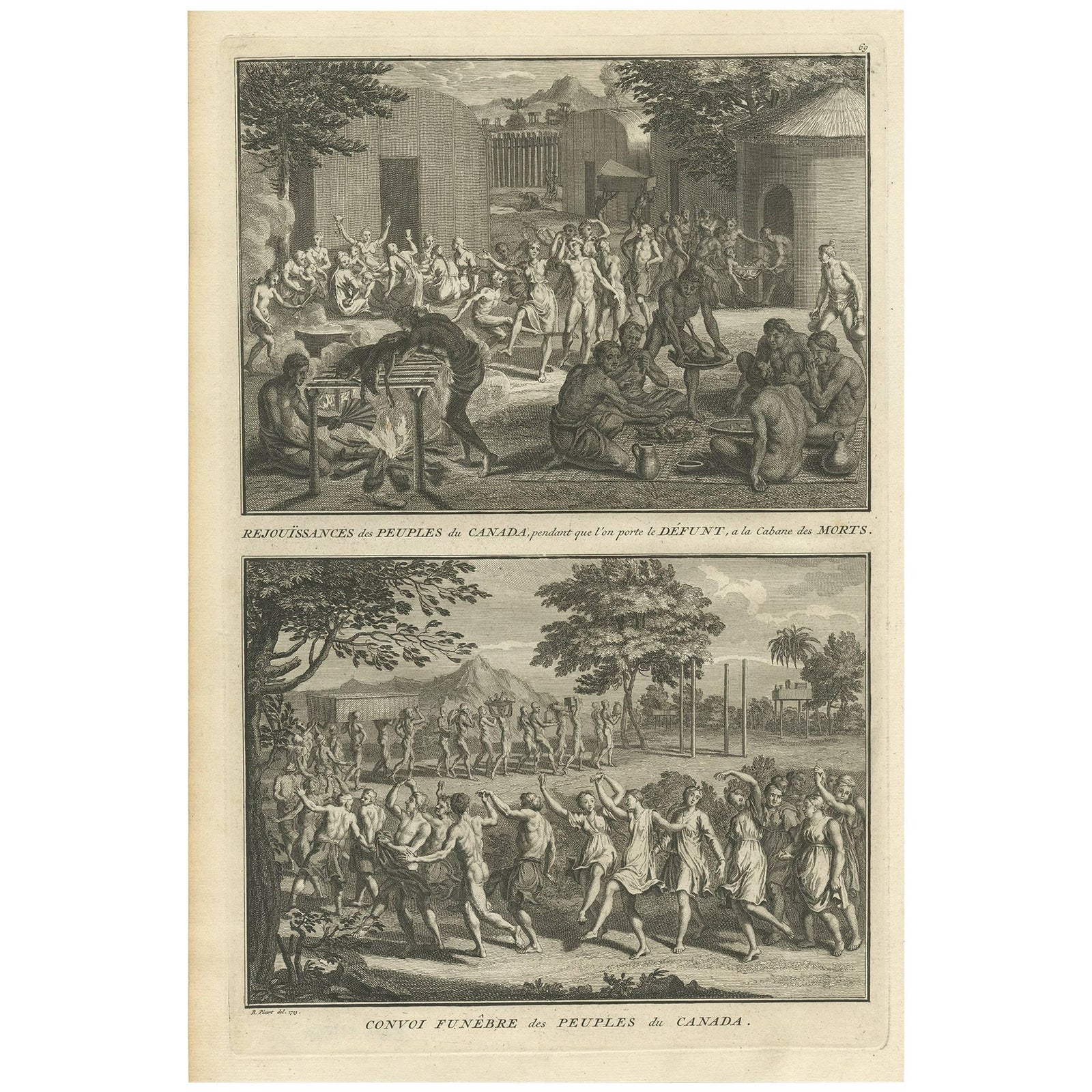 Antique Print of Funeral Ceremonies of the Canadian People by B. Picart, 1723