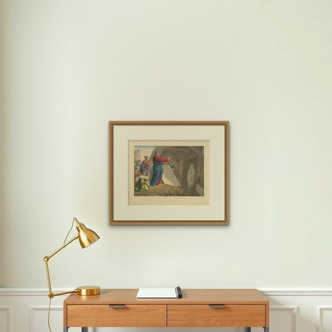 Antique Religious Print "No. 22" the Resurrection of Lazarus, circa 1840, shown framed on a wall, true to size