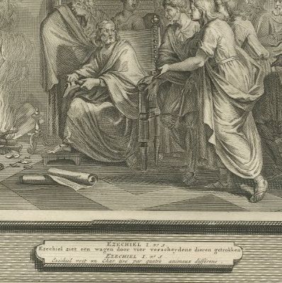 Jehoiakim Burns Jeremiah's Scroll and Ezekiel's Vision, Mortier, circa 1700, close-up 2