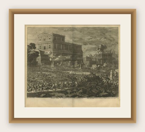 Antique Bible Print Pompey Conquers Jerusalem by J. Luyken, 1743, shown framed