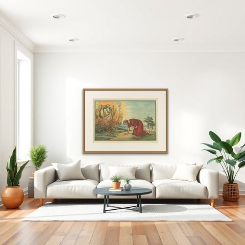 Antique Religion Print of Moses and the Burning Bush, 1913, shown framed in a room, true to size