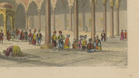 Antique Print, Blue Mosque Interior, Istanbul Ottoman Courtyard, ca. 1839, close-up 4