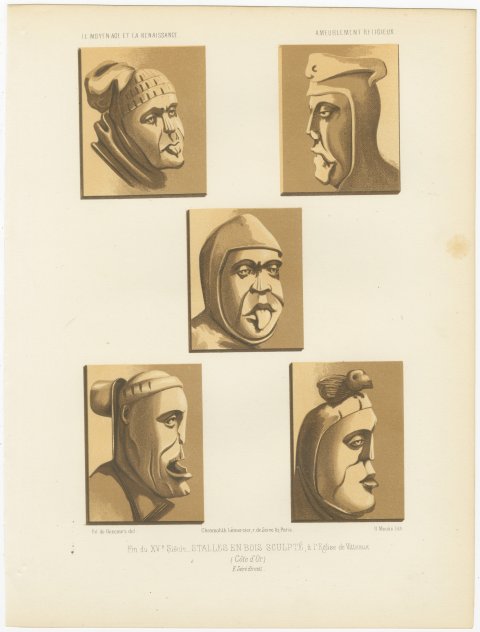 Carved Stall Heads at Vitteaux, Côte d'Or, Antique Print, 1851, view 2