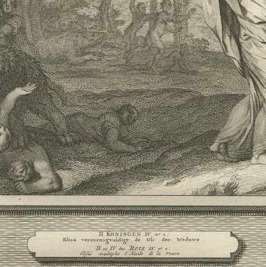 Elisha and the Bears and the Widow's Oil, Pieter Mortier, circa 1700, close-up 2