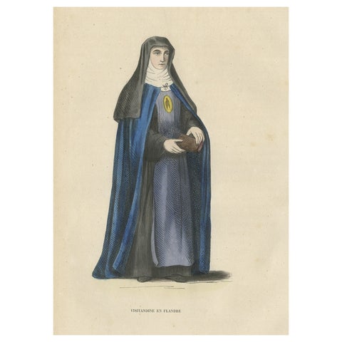 Antique Print of a Nun of Order of Visitation of Holy Mary in Flandres, Belgium