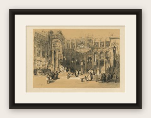 Old Lithograph depicting the Greek Chapel of the Holy Sepulchre, 1845, shown framed
