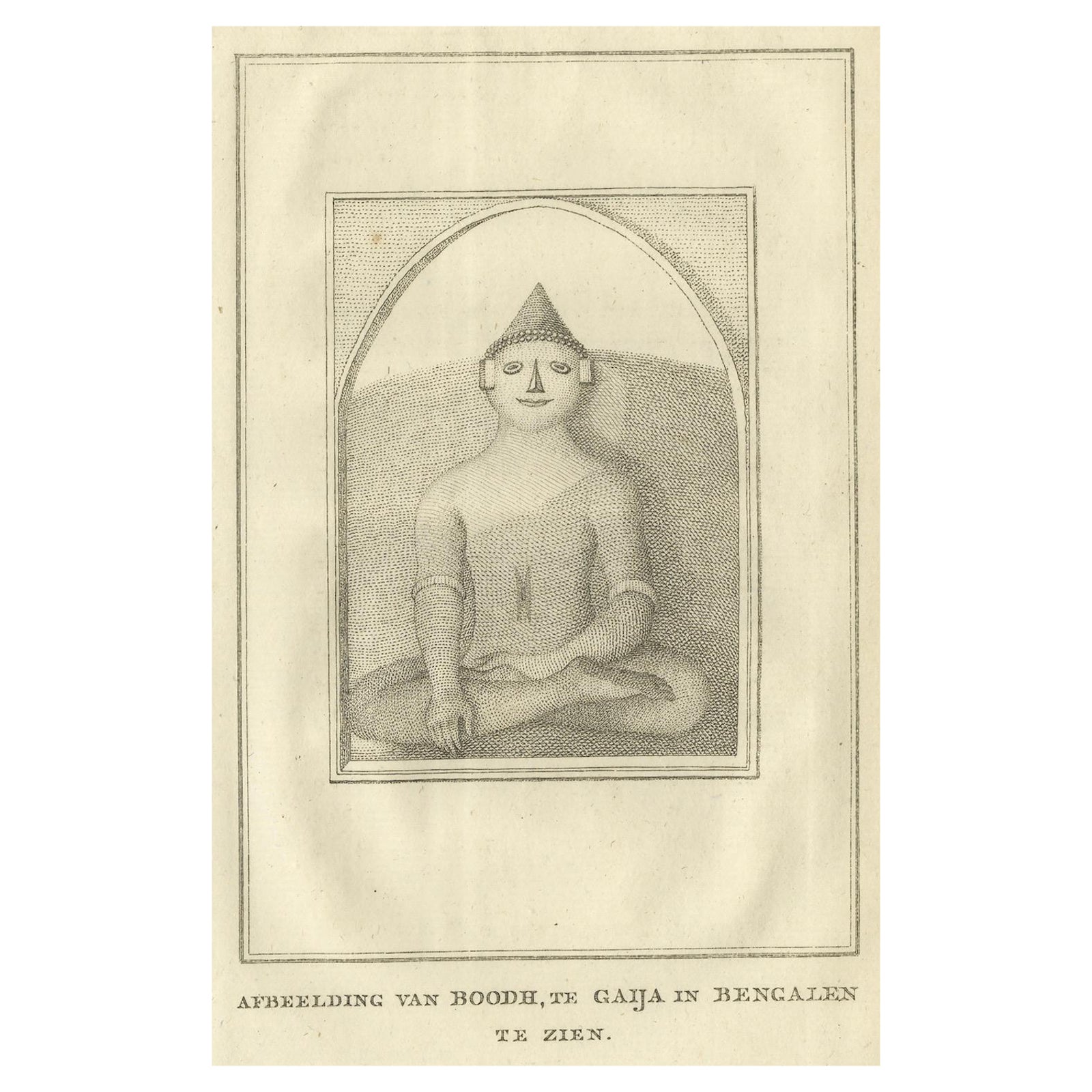 Seated Buddha at Gaya, Antique Dutch Print of a Statue in Bengal, ca. 1800