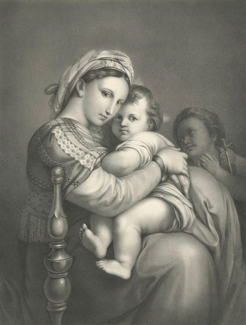 Madonna and Child Print after Raphael, La Vierge à la Chaise, circa 1850, close-up 6