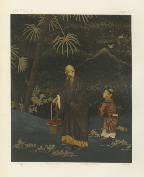 Japanese Monk and Young Attendant: Antique Lithograph, 1880s, close-up 5