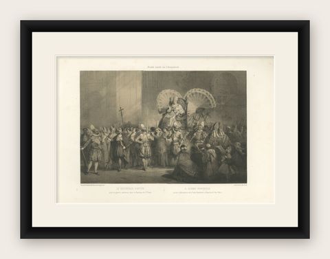 Papal Procession at St. Peter’s Basilica, Antique Lithograph, 1869, shown framed