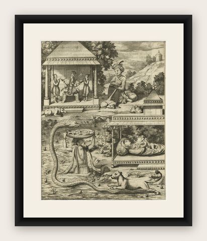 Antique Print of the Hindu God Vishnu Incarnated as Krishna, 1672, shown framed