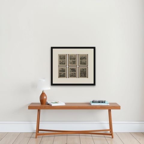 Genesis Narrative Engravings Set, Mortier Amsterdam, Flood to Babel Scenes 1700, shown framed on a wall, true to size