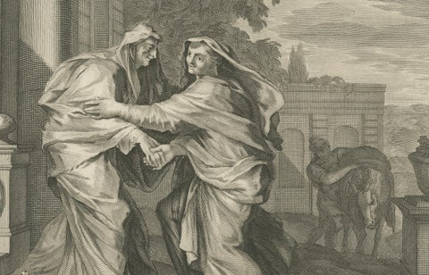 Antique Christian Art Print, Annunciation of Mary & Visitation, Mortier 1700, close-up 3