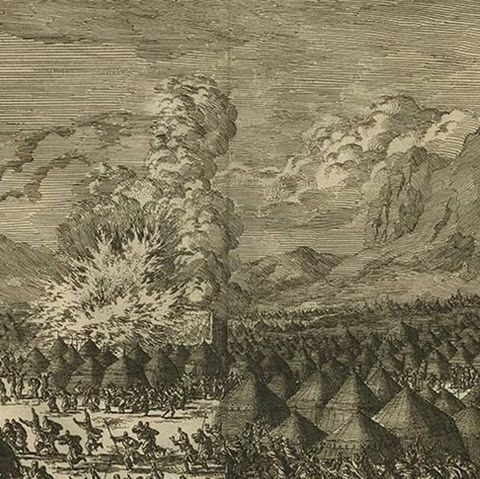Antique Bible Print the Punishment of Korah, Dathan and Abiram by J. Luyken, close-up 1