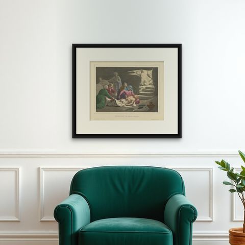 Antique Religious Print 'No. 37' The Burial of Jesus Christ, circa 1840, shown framed on a wall, true to size