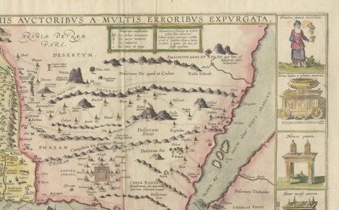 1632 Decorative Map of the Holy Land, Insets of Jerusalem and Biblical Artefacts, close-up 2