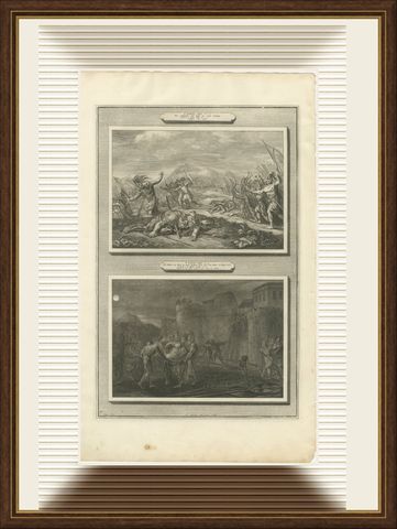 Death of Saul and the Men of Jabesh Recover His Body, Pieter Mortier, circa 1700, shown framed