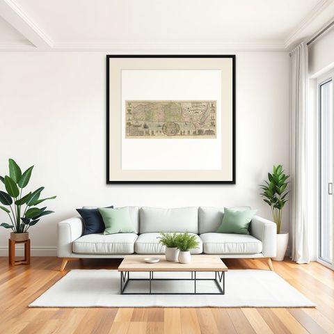 1632 Decorative Map of the Holy Land, Insets of Jerusalem and Biblical Artefacts, shown framed in a room, true to size