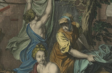 Bathsheba in the Bath, Old Testament Scene, Antique Engraving c.1730, close-up 3