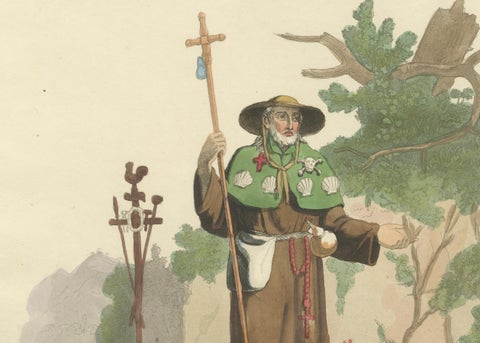 Pilgrim Going to Loretto in Italy, Hand-Coloured Print by R. Bridgens, 1835, close-up 2