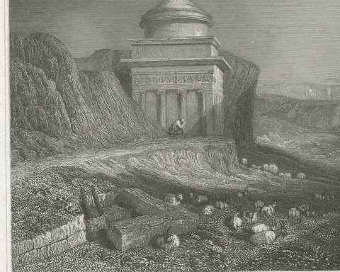 Absalom's Pillar, Kidron Valley, Jerusalem, Antique View with Goats, circa 1850, close-up 1