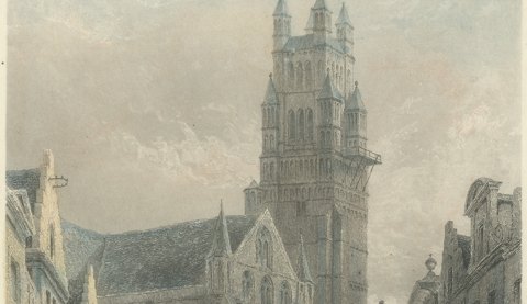 The Cathedral, Bruges, Hand Colored Steel Engraving after E. George, circa 1878, close-up 1