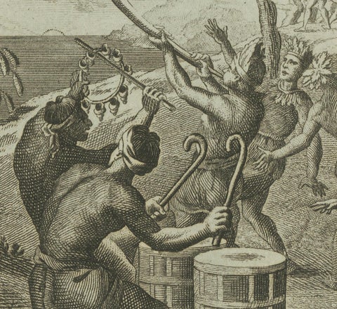 Old Engraving of Mexican Festivities and Rituals in the Age of Discovery, 1794, close-up 2