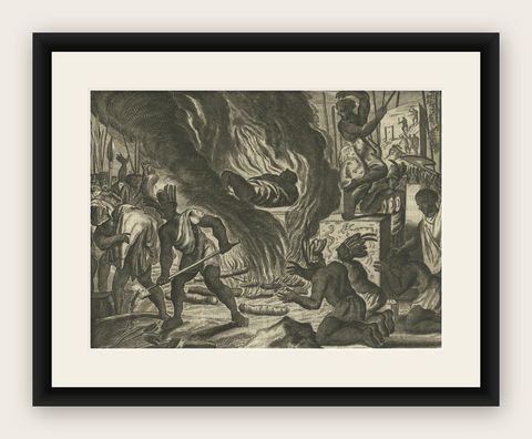 Engraving of Rituals and Cremation Ceremonies in New Spain by Montanus, 1673, shown framed