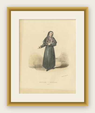Apostoline, 1862 Hand-Colored Lithograph of an Apostoline Nun, shown framed