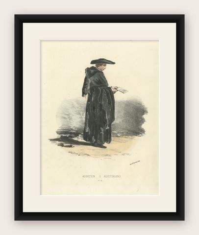 Augustin, 1862 Hand-Colored Lithograph of an Augustinian Monk, shown framed