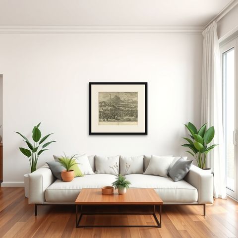 Antique Bible Print Children of Israel gathering the Manna by J. Luyken, 1743, shown framed in a room, true to size