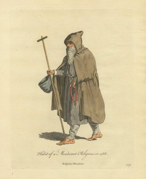 Mendicant Religious Costume Engraving, Pilgrim Monk, 1588, Published in 1749, close-up 1