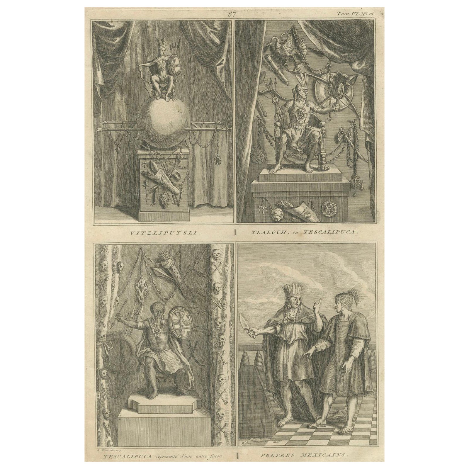 Mexican Gods and Priests, 1734 Engraving of Aztec Deities and Religious Ritual