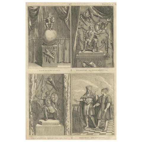 Mexican Gods and Priests, 1734 Engraving of Aztec Deities and Religious Ritual